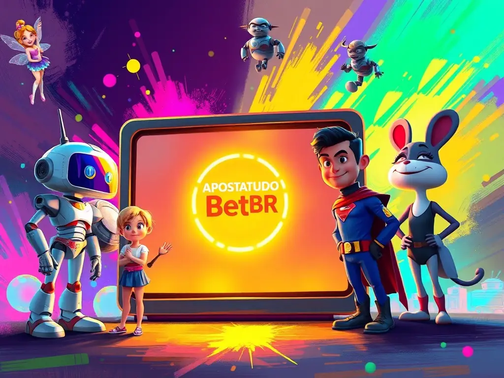 A digital painting showcasing a diverse group of animated characters from various genres, all gathered around a central screen displaying the Apostatudo Bet BR logo, symbolizing the platform's wide range of content.