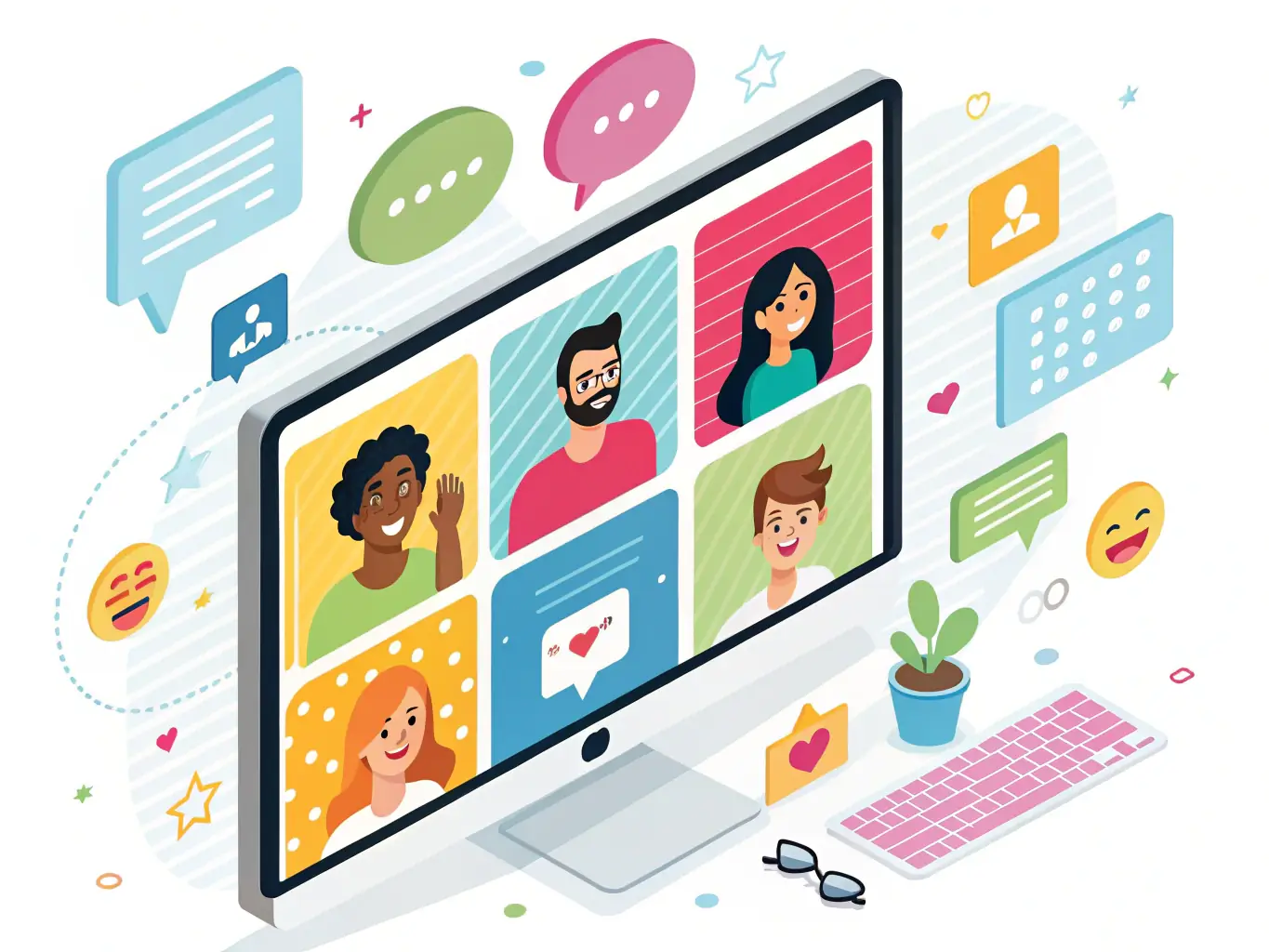 A digital artwork depicting a bustling online forum with animated avatars interacting and sharing their favorite animations, emphasizing the platform's vibrant and engaging community.