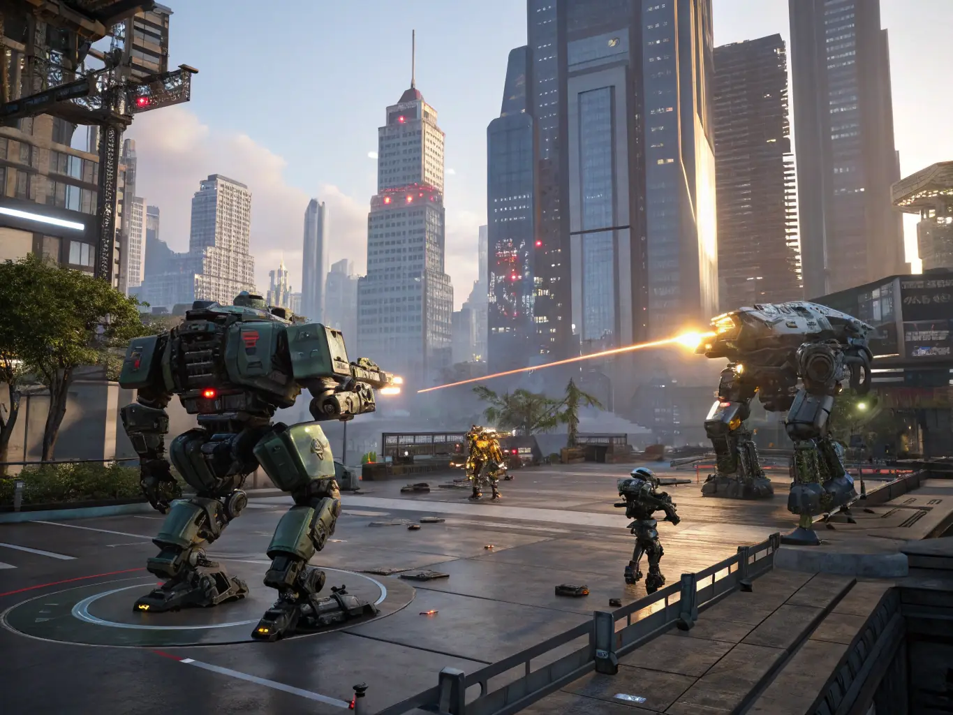 A dynamic and detailed 3D animated scene from 'Robot Revolution', highlighting the realistic textures, complex character models, and immersive environments characteristic of 3D animation.