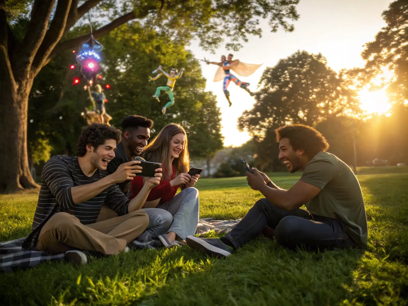 A digital illustration of a group of people of different ages and backgrounds laughing and interacting while watching animations on their devices, highlighting the platform's appeal to a broad audience.